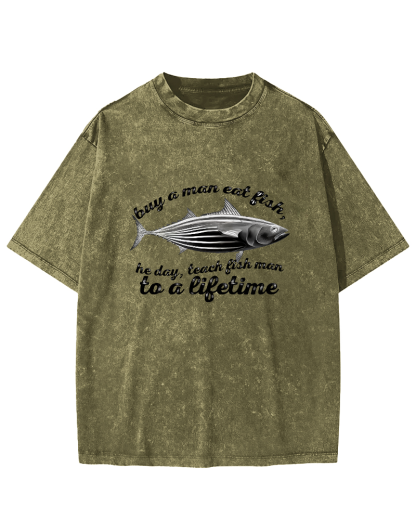 Sea Fish Pattern Vintage Distressed T-shirt-Zazasy