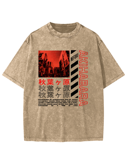 Akihabara Text Vintage Washed T-shirt-Zazasy