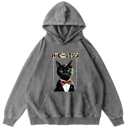 Abstract Cat Figure Pattern Vintage Distressed Hoodie-Zazasy