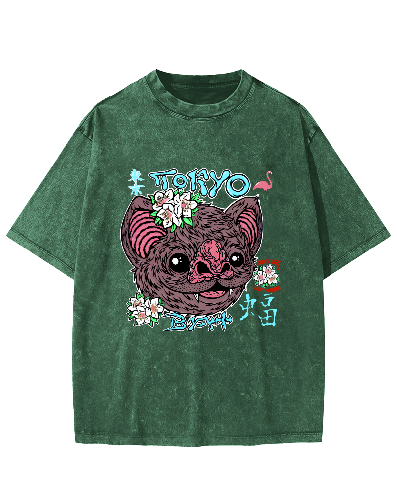 Tokyo Bat Vintage Washed T-shirt-Zazasy