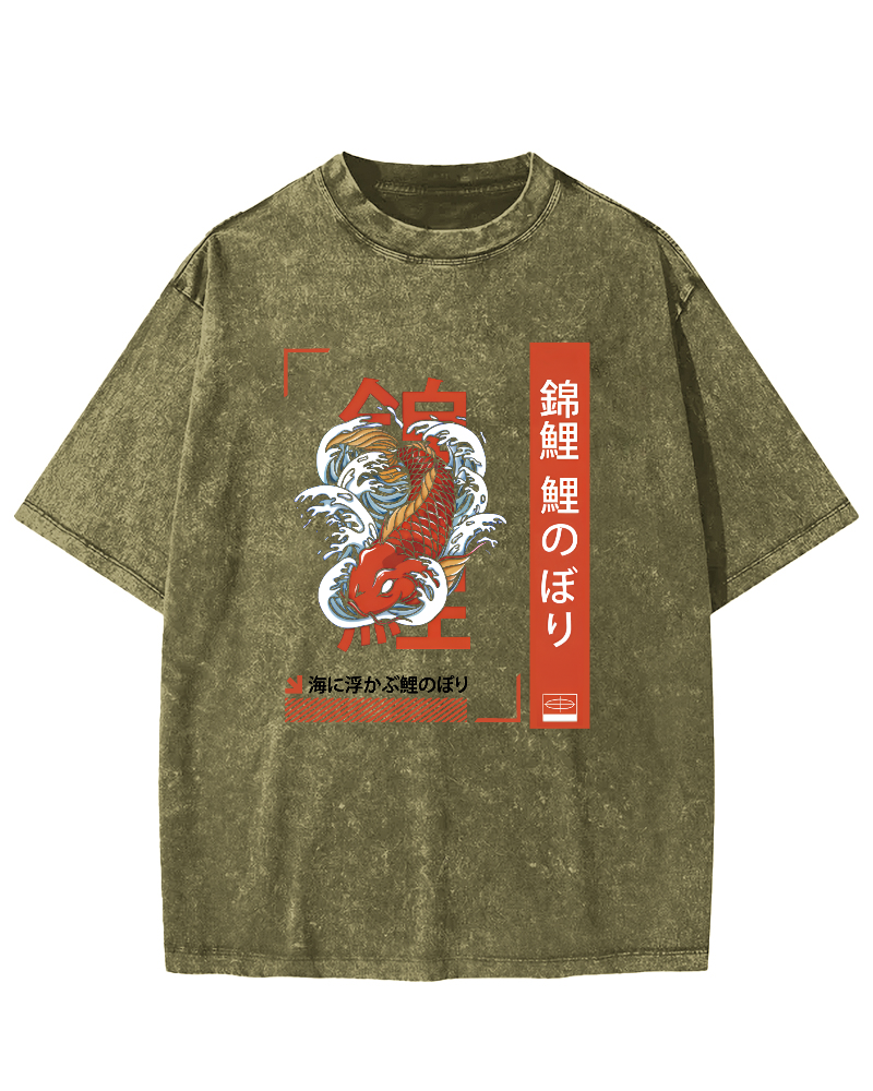 Japanese Script Koi Pattern Vintage Distressed T-shirt-Zazasy