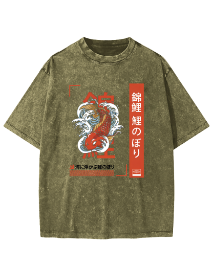 Japanese Script Koi Pattern Vintage Distressed T-shirt-Zazasy