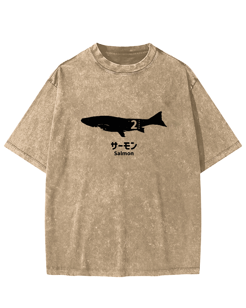 Japanese Script Shark Pattern Vintage Distressed T-shirt-Zazasy