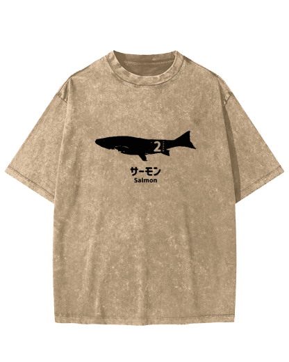 Japanese Script Shark Pattern Vintage Distressed T-shirt-Zazasy