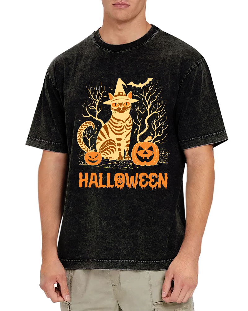 Halloween Cat Vintage Washed T-shirt-Zazasy