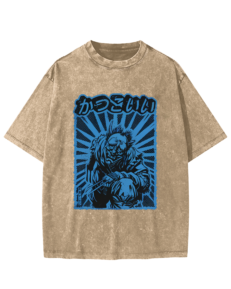 Monster Pattern Japanese Style Vintage Distressed T-shirt-Zazasy
