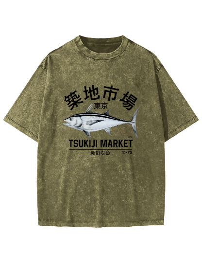 Japanese Sea Fish Pattern Vintage Distressed T-shirt-Zazasy