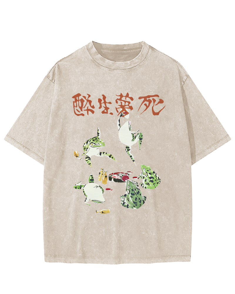 Drunk and Dreaming Frog, Japanese Style Vintage Washed T-shirt-Zazasy