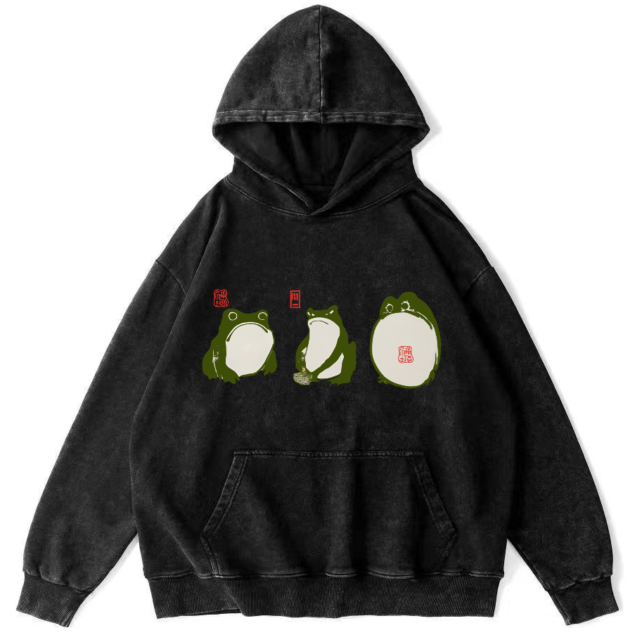 Cute Frog Japanese Style Vintage Washed Hoodie-Zazasy