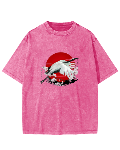 Japanese Flying Crane Pattern Vintage Distressed T-shirt-Zazasy