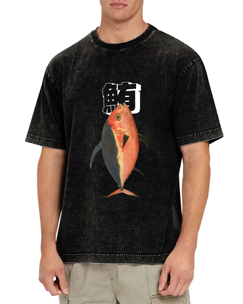 Japanese Ocean Fish Pattern Vintage Distressed T-shirt-Zazasy