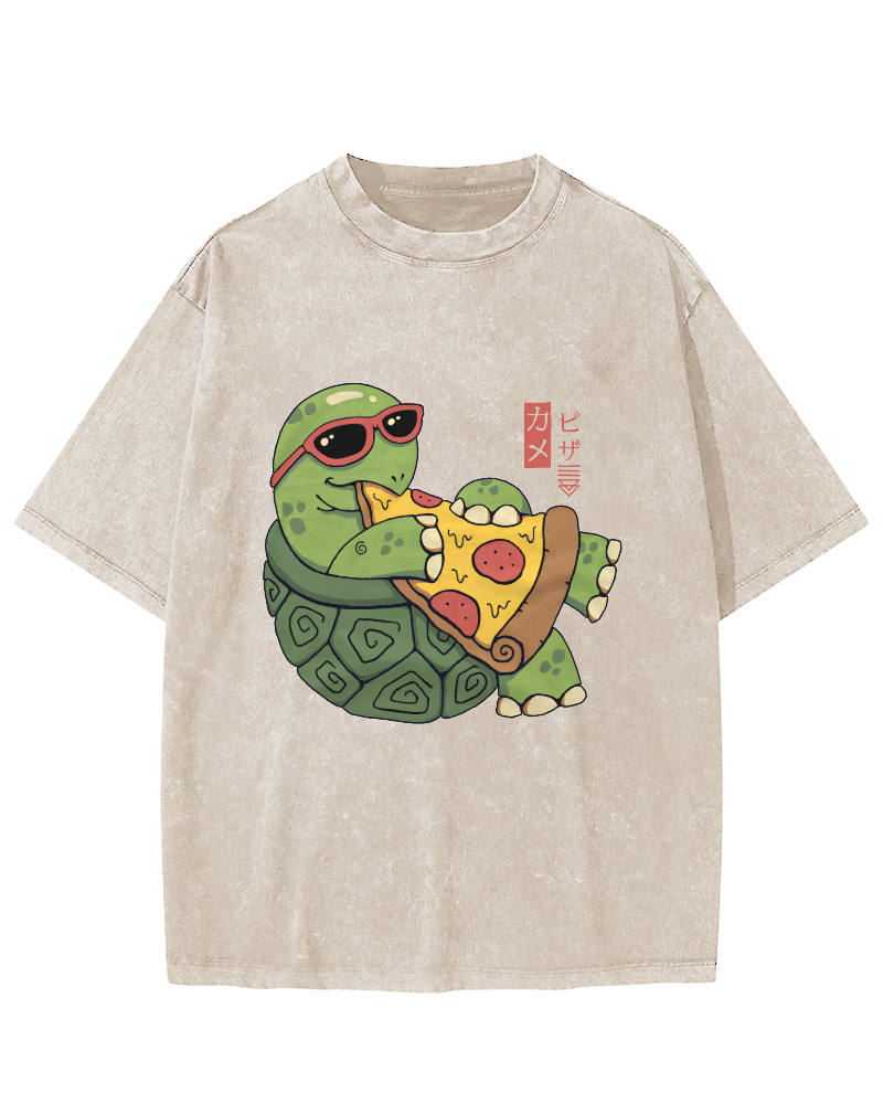 Turtle Japanese Style Pizza Lover Vintage Distressed T-shirt-Zazasy