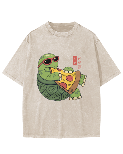 Turtle Japanese Style Pizza Lover Vintage Distressed T-shirt-Zazasy