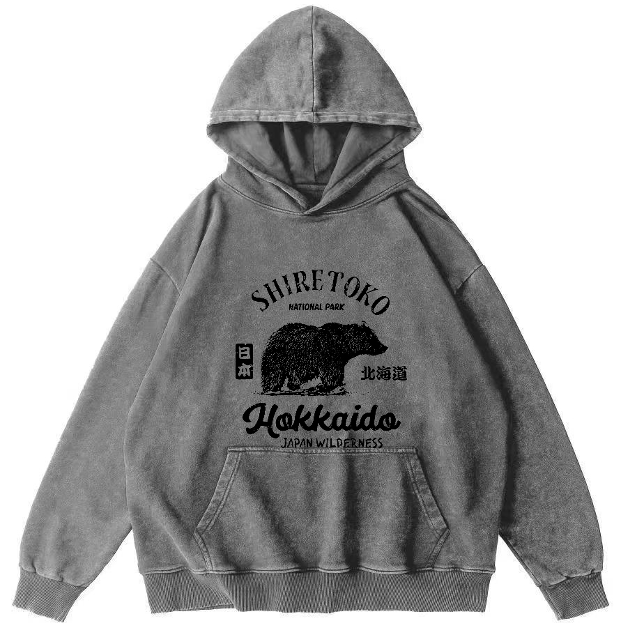 Japanese Writing Bear Pattern Vintage Distressed Hoodie-Zazasy