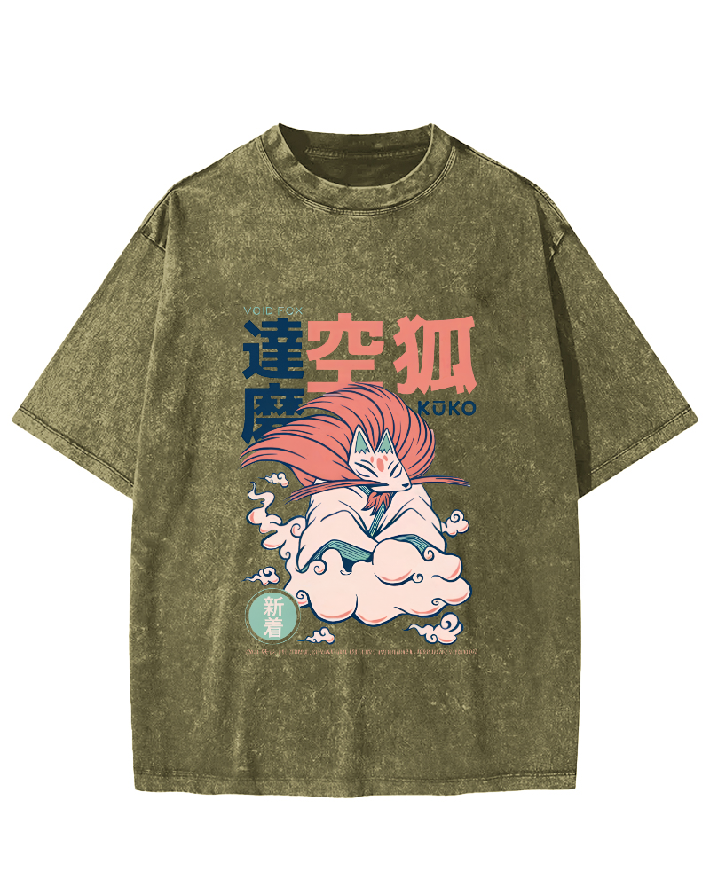 Japanese Abstract And Personalized Fox Pattern Vintage Distressed T-shirt-Zazasy
