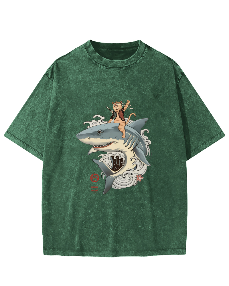 Shark Riding Cat Warrior Japanese Washed T-shirt-Zazasy