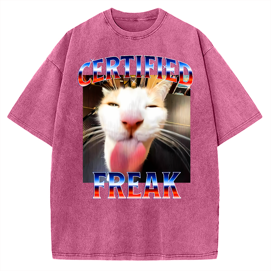 Certified Freak Cat Tongue Out - Funny Meme Cat Vintage Washed T-shirt