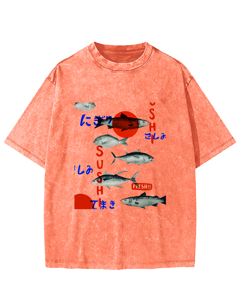 Japanese Sea Fish Pattern Vintage Distressed T-shirt-Zazasy