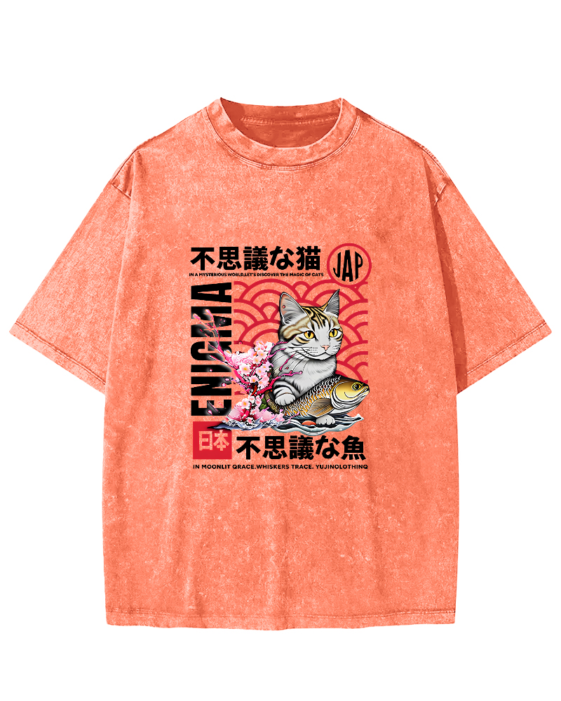 Japanese Cat Pattern Vintage Distressed T-shirt-Zazasy