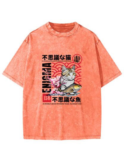 Japanese Cat Pattern Vintage Distressed T-shirt-Zazasy