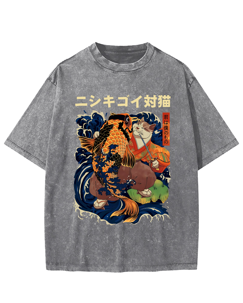 Koi and Cat Japanese Style Vintage Distressed T-shirt-Zazasy