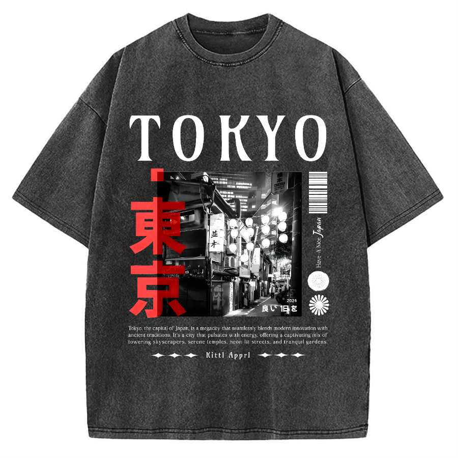 Tokyo Street Night Scene Vintage Washed T-shirt