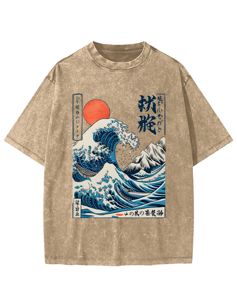 Ukiyo-e ocean Waves Vintage Washed T-shirt-Zazasy