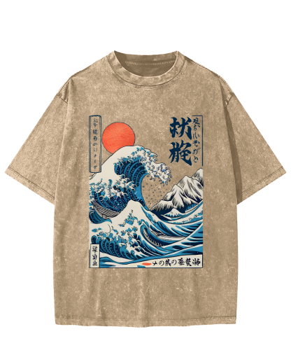 Ukiyo-e ocean Waves Vintage Washed T-shirt-Zazasy