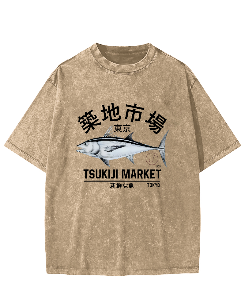 Japanese Sea Fish Pattern Vintage Distressed T-shirt-Zazasy