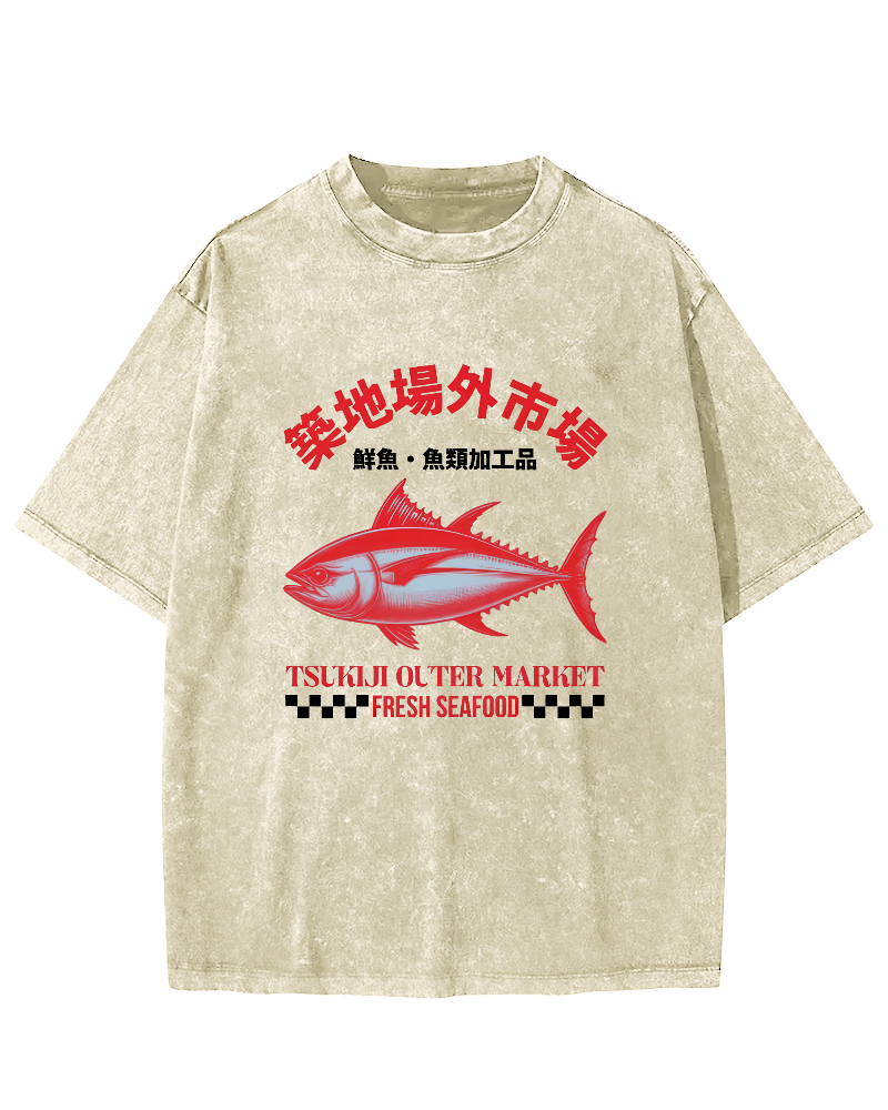 Japanese Sea Fish Script Vintage Distressed T-shirt-Zazasy