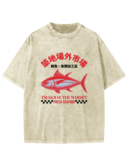 Japanese Sea Fish Script Vintage Distressed T-shirt-Zazasy