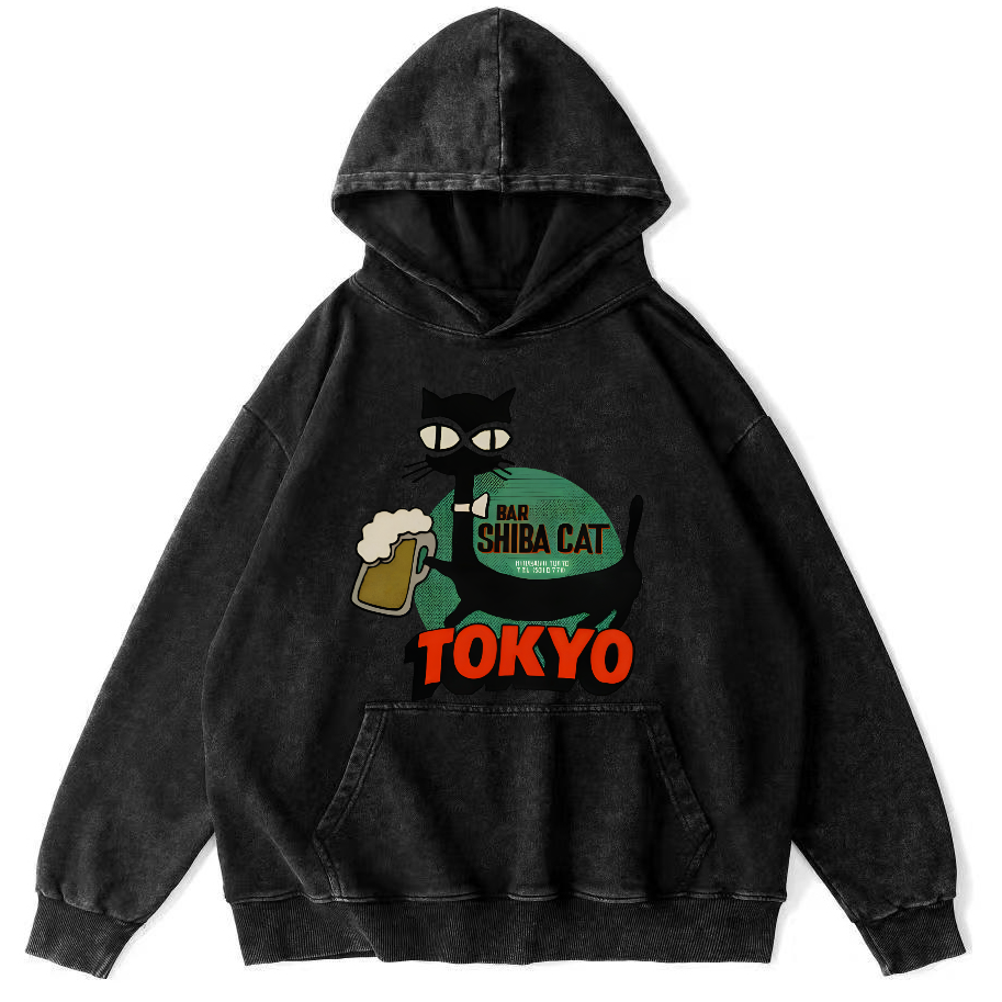 Tokyo Black Cat Vintage Distressed Hoodie-Zazasy