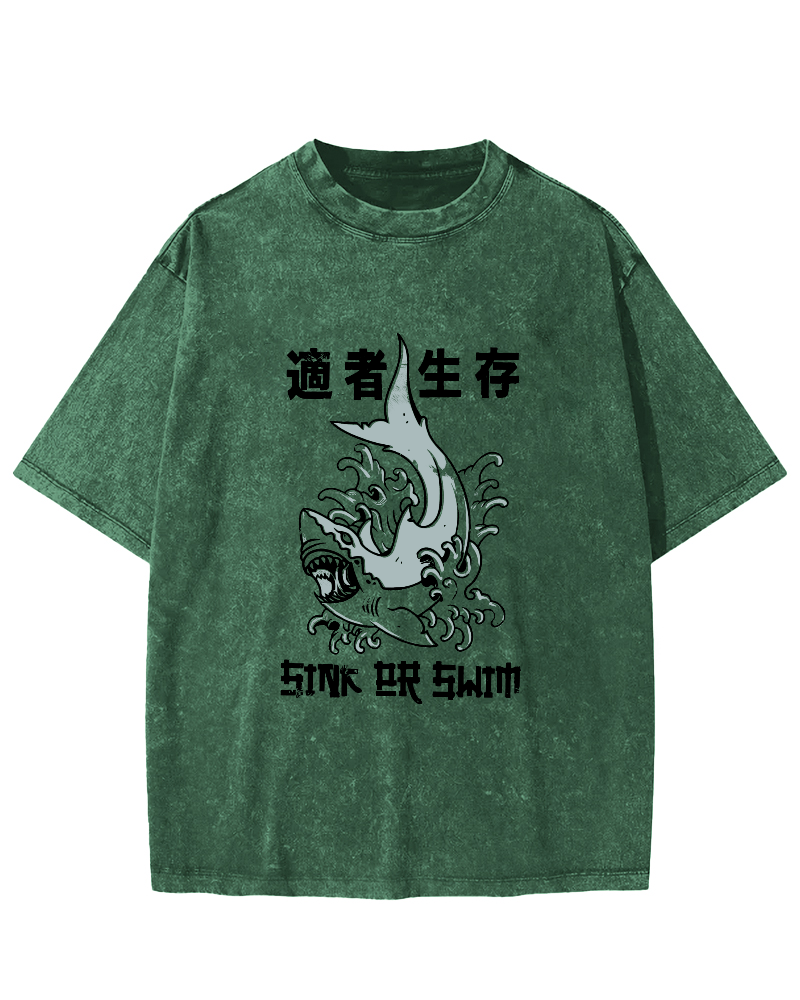 Japanese Script Shark Pattern Vintage Distressed T-shirt-Zazasy