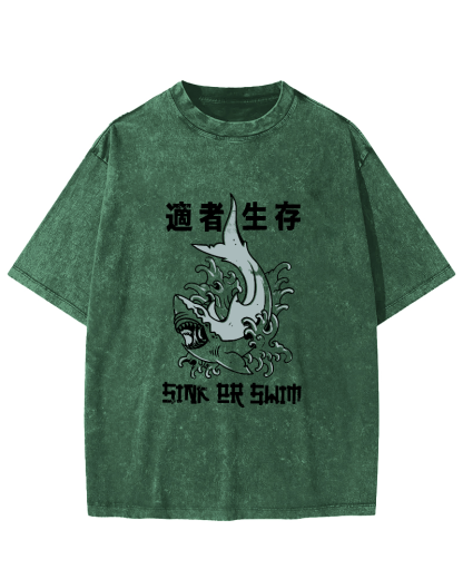 Japanese Script Shark Pattern Vintage Distressed T-shirt-Zazasy