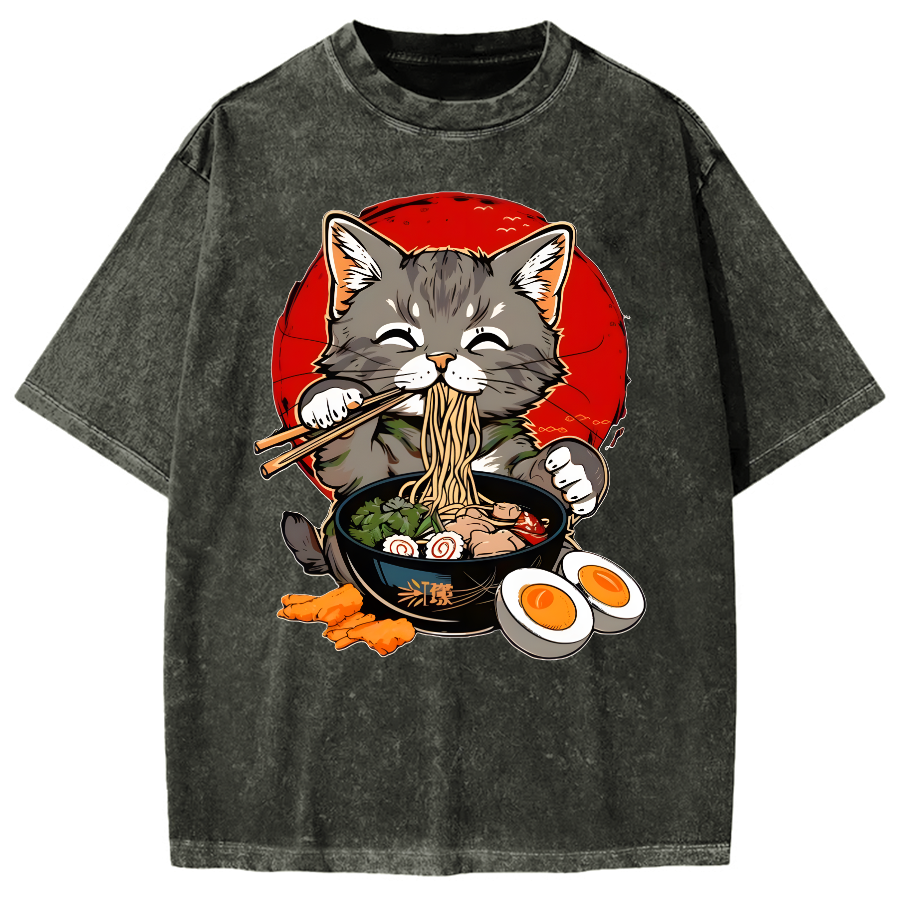 Japanese Anime Cat Eating Ramen Vintage Washed T-shirt