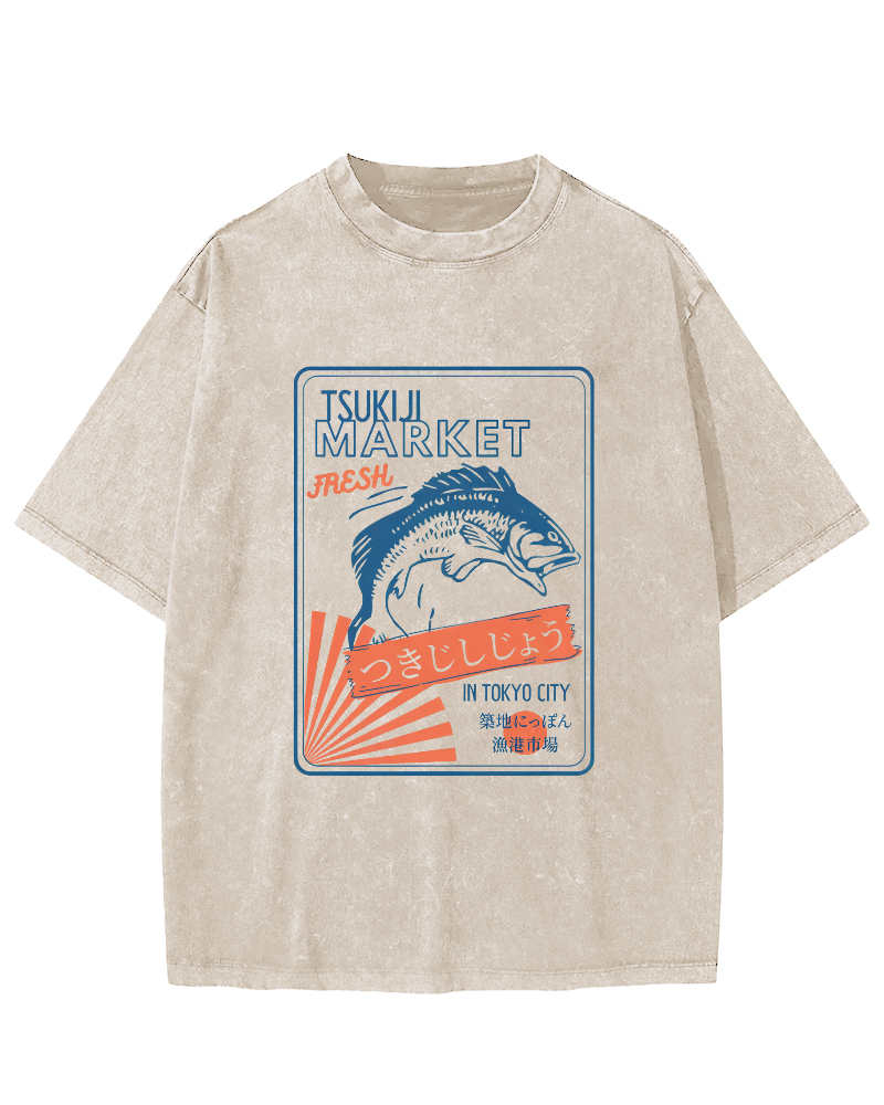 Tsukiji Seafood Market in Japan Vintage Washed T-shirt-Zazasy