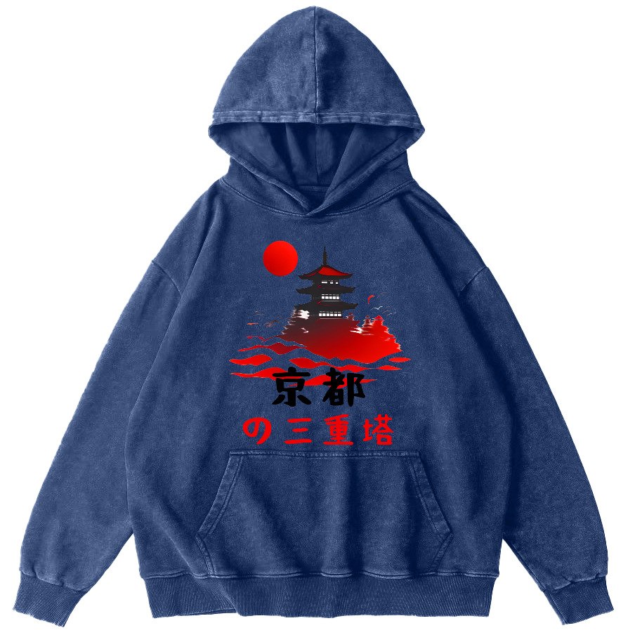 Kyoto Triple Tower Vintage Washed Hoodie-Zazasy