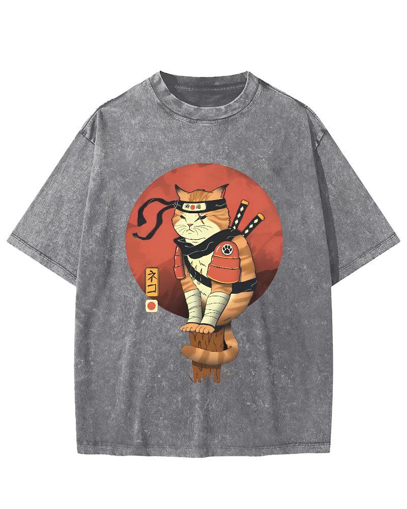 Abstract Samurai Cat Pattern Japanese Style Vintage Distressed T-shirt-Zazasy