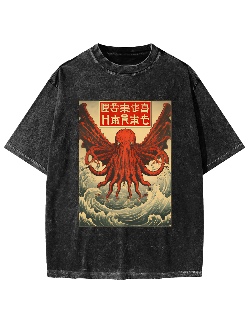 The Japanese Style Octopus Monster in The Huge Waves Vintage Washed T-shirt-Zazasy