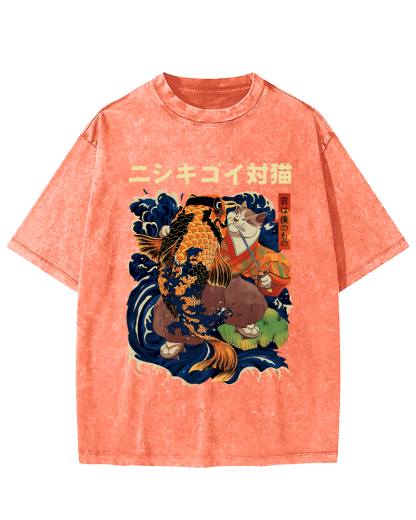 Koi and Cat Japanese Style Vintage Distressed T-shirt-Zazasy