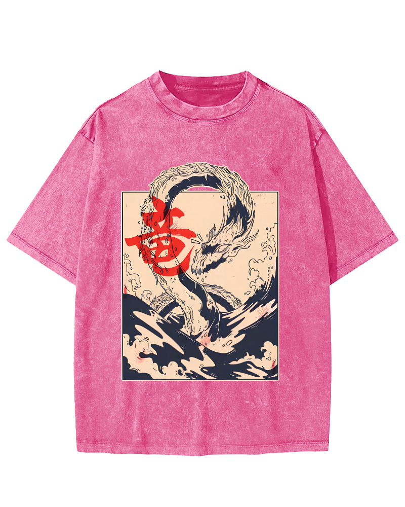 Retro Water God Dragon Pattern Japanese Style Vintage Distressed T-shirt-Zazasy