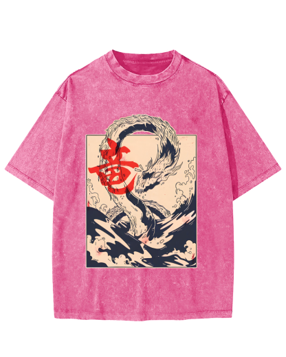 Retro Water God Dragon Pattern Japanese Style Vintage Distressed T-shirt-Zazasy