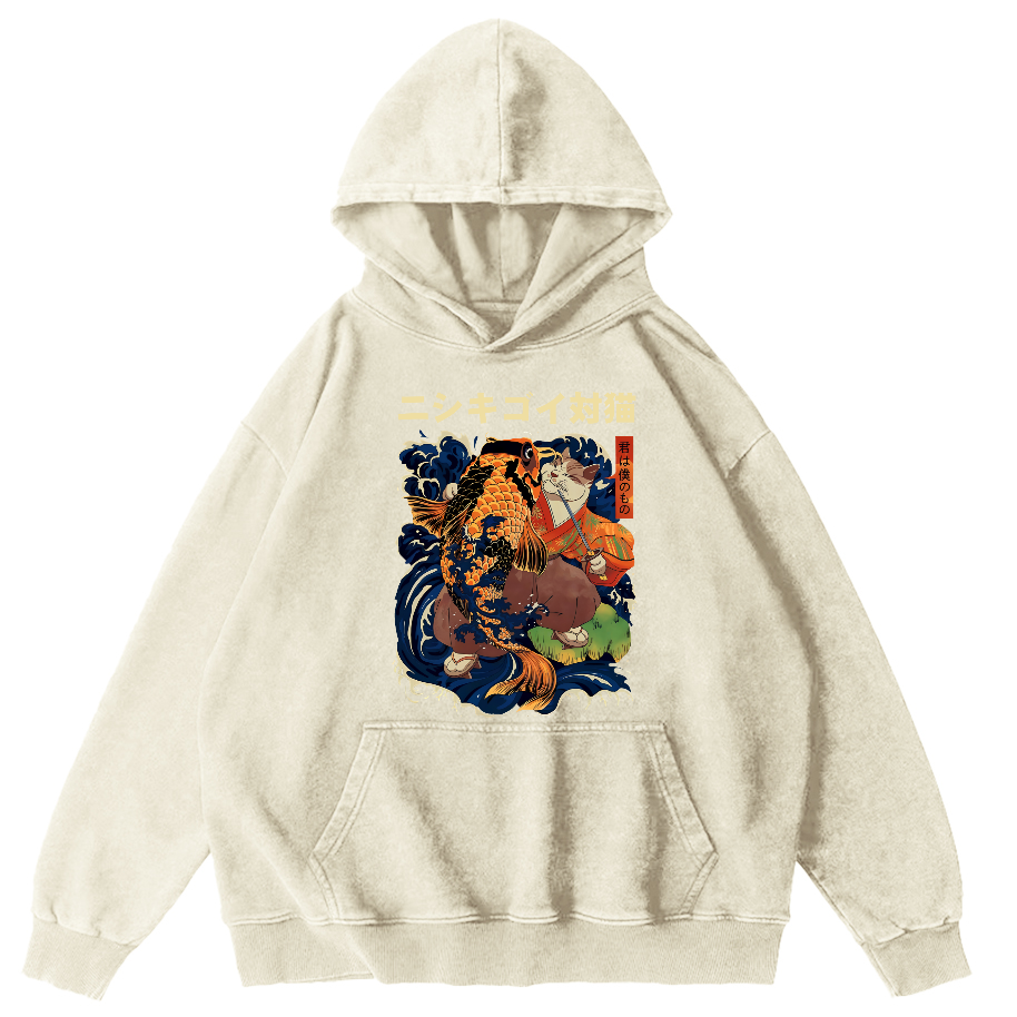 Koi and Cat Japanese Style Vintage Distressed Hoodie-Zazasy