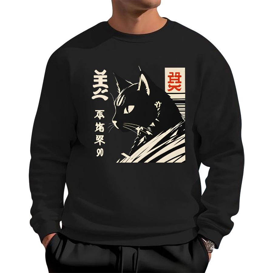 Japanese Black Cat Cotton Pullover Sweatshirt