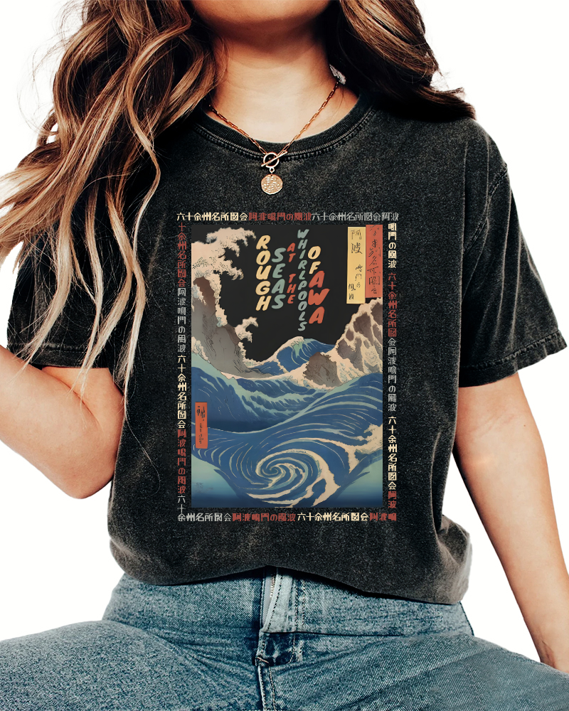 Ukiyo-e Giant Waves Vintage Washed T-shirt-Zazasy