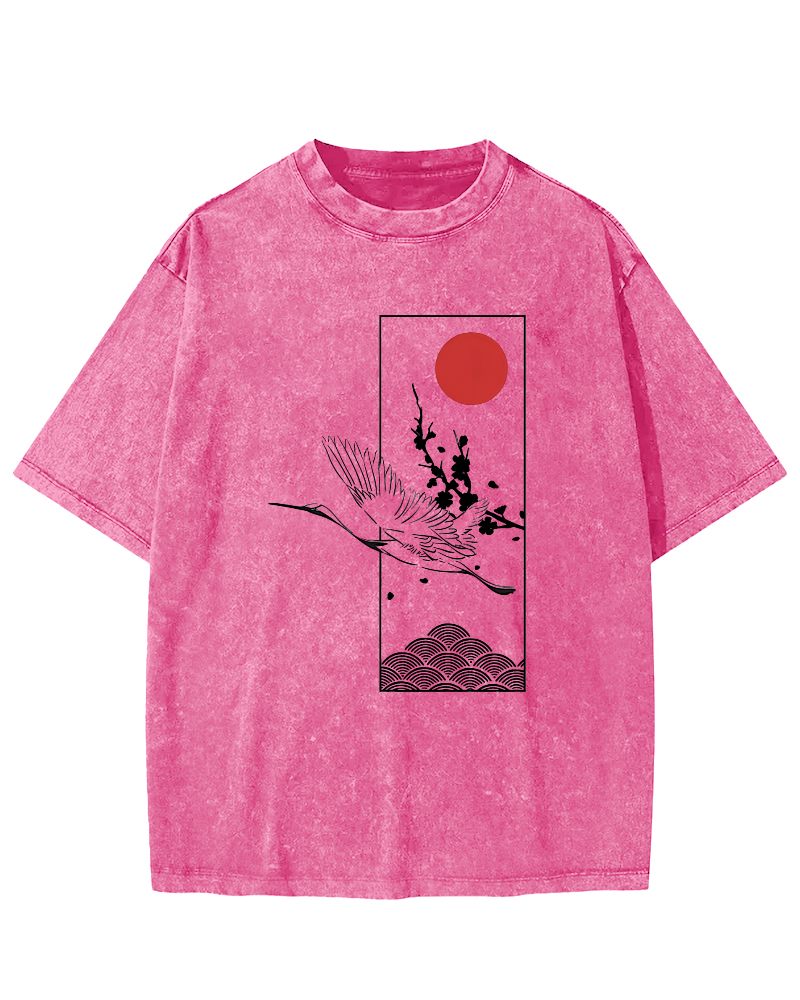 Japanese Sunrise Flying Crane Pattern Vintage Distressed T-shirt-Zazasy
