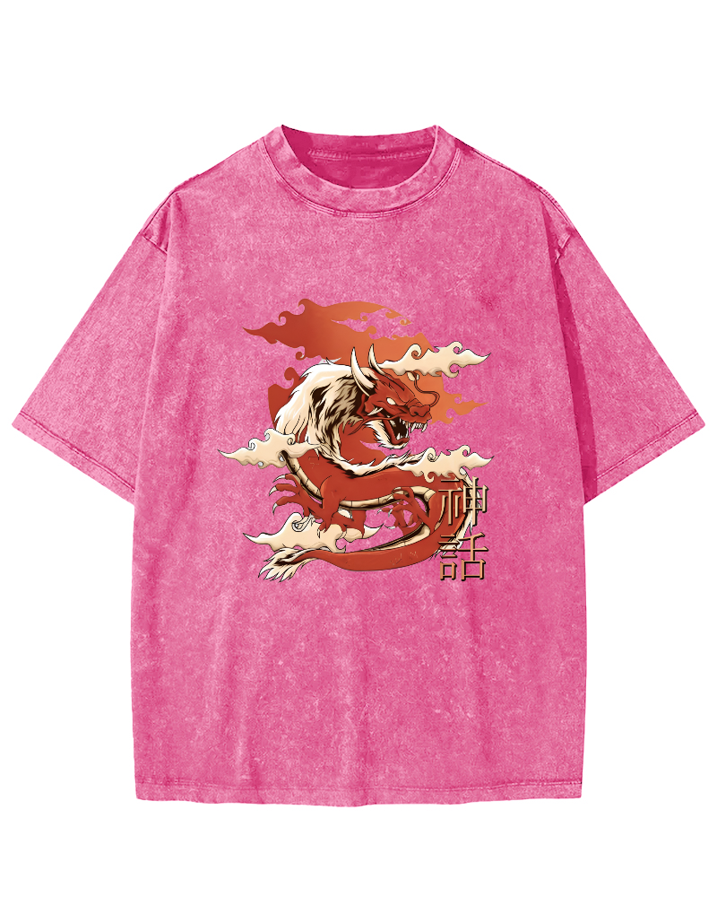 Japanese Dragon Pattern Vintage Distressed T-shirt-Zazasy