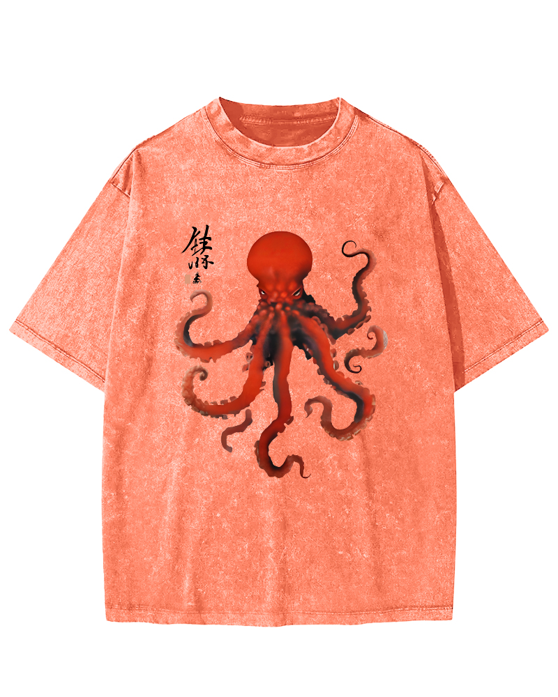 Japanese Octopus Vintage Washed T-shirt-Zazasy