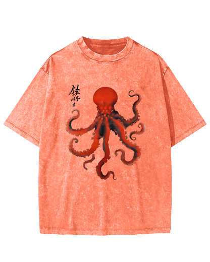 Japanese Octopus Vintage Washed T-shirt-Zazasy