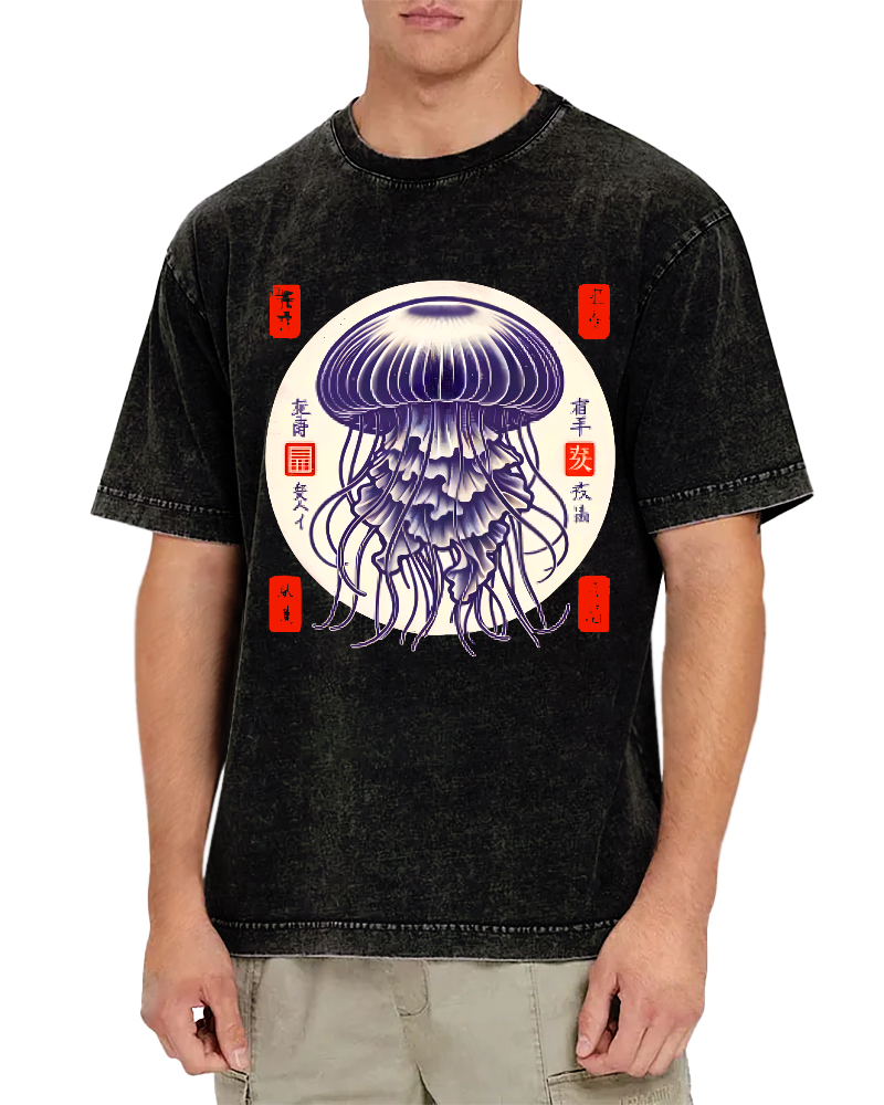Japanese jellyfish Vintage Washed T-shirt-Zazasy